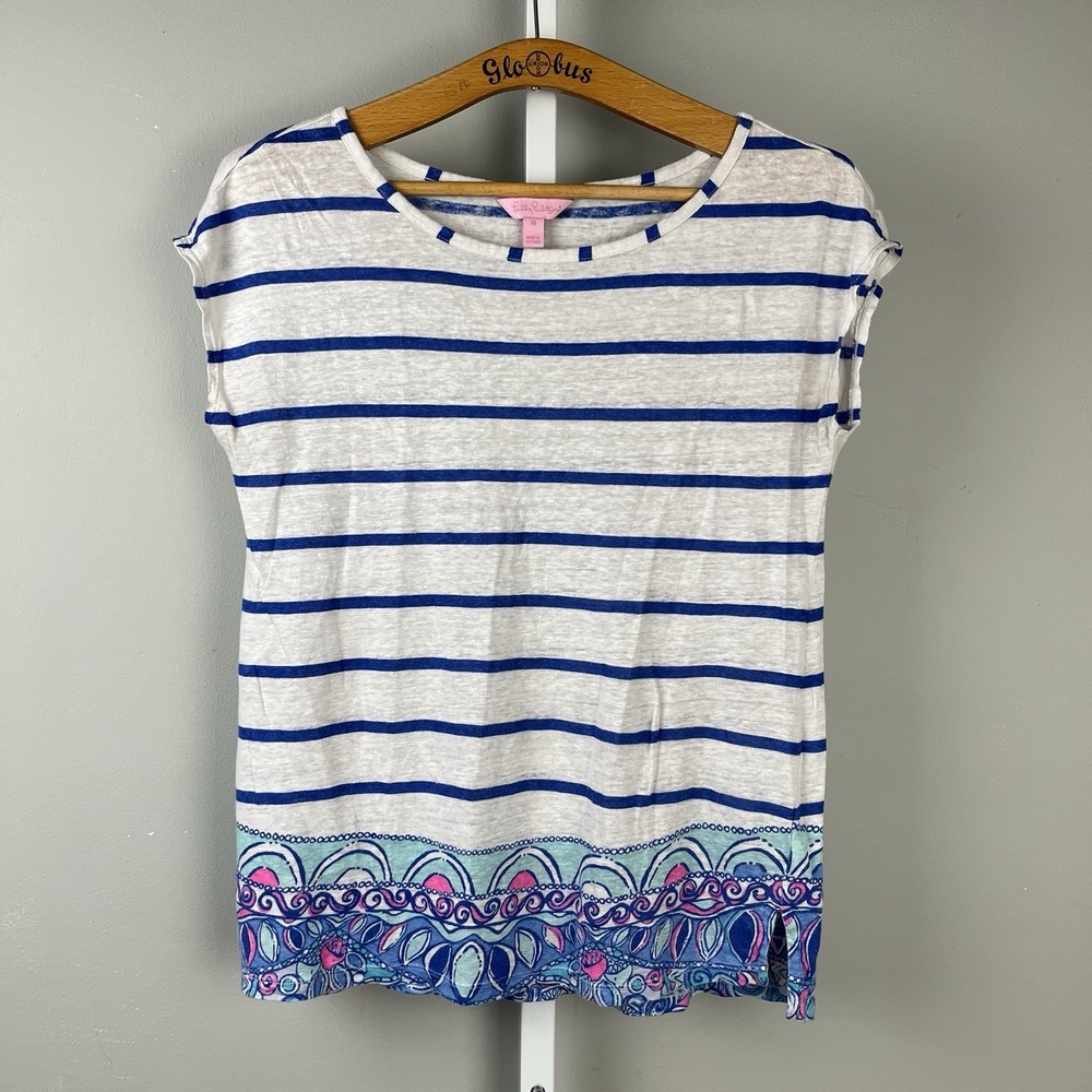 Lilly Pulitzer Aimee Palm Beach Slub Top Womens Medium Linen Stripe Floral Blue